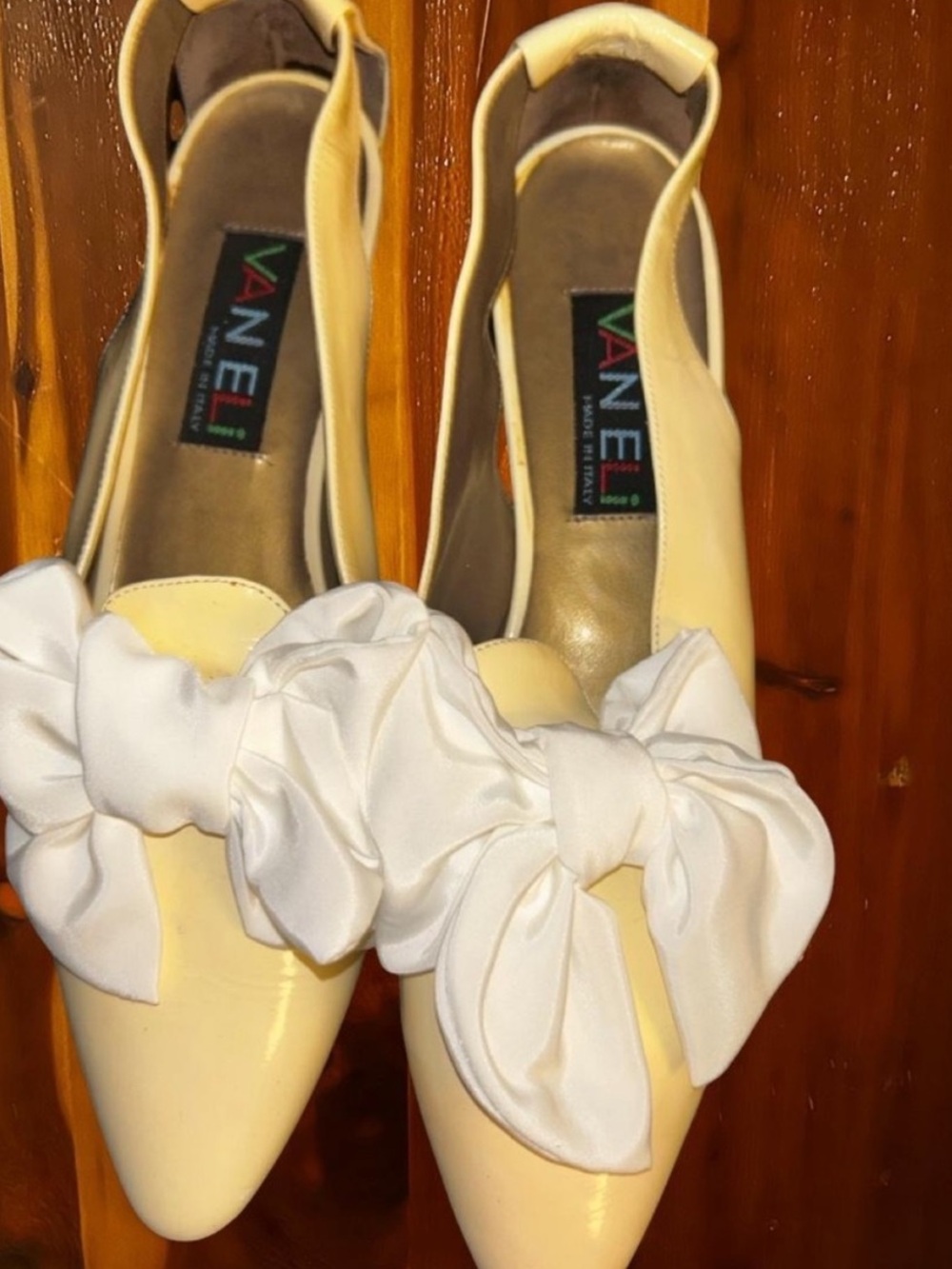 Vaneli Pale Yellow Pointed-Toe Flats with White Bow Accent